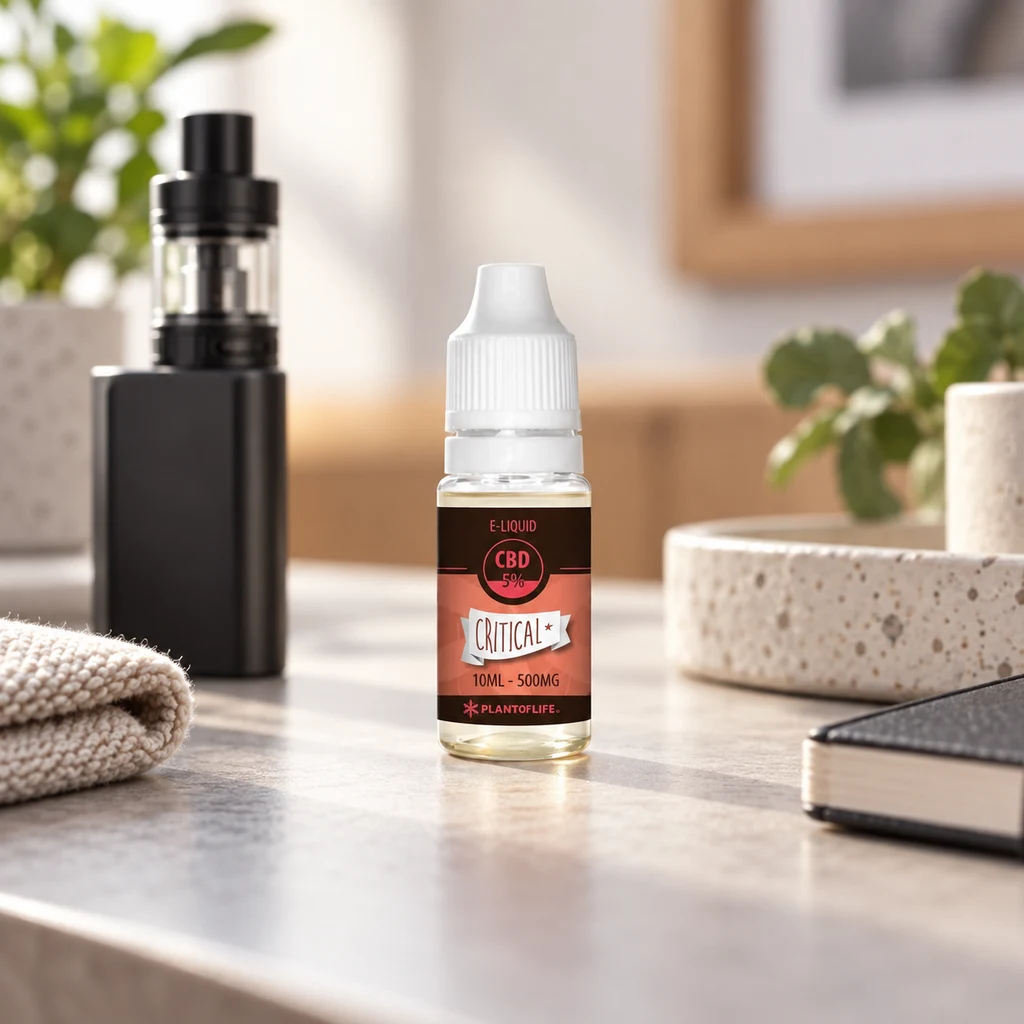Frasco de e-líquido Plant of Life Critical con etiqueta CBD 5 %, 10 ml y 500 mg, junto a un vapeador negro sobre una mesa.