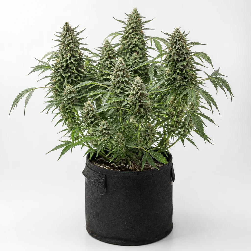 Ilustración de una planta con flores alargadas en maceta negra para la ficha de Early Girl Regular de Sensi Seeds.