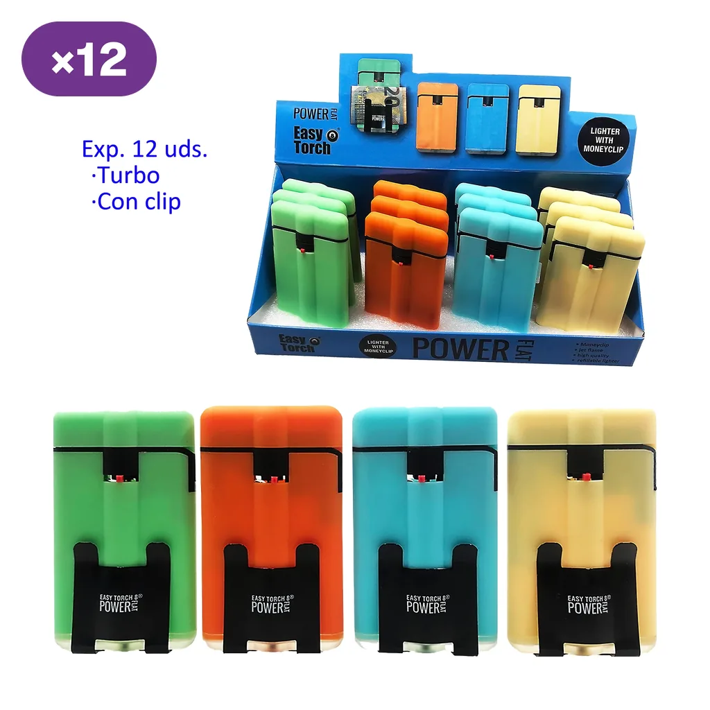 Mecheros Easy Torch Powerflat de varios colores con clip negro para billetes, mostrados de frente y en un expositor rotulado con 12 unidades.