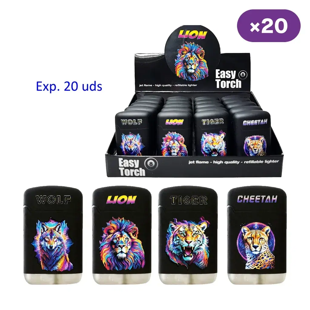 Expositor Easy Torch 8 con mecheros negros y selección de diseños de lobo, león, tigre y guepardo en colores vivos; rótulo de 20 unidades.
