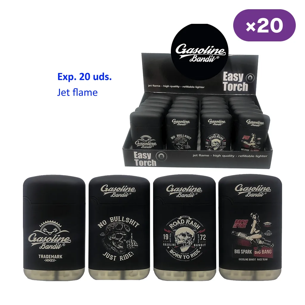 Expositor Easy Torch 8 Gasoline Bandit con indicación ×20 y selección de encendedores negros con distintos diseños de temática motera.