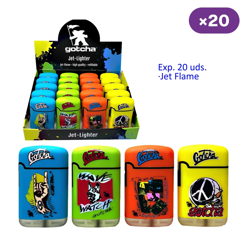 Expositor de mecheros Gotcha Jet-Lighter y selección de modelos azules, verdes, naranjas y amarillos con distintos dibujos. Expositor de mecheros Gotcha Jet-Lighter y selección de modelos azules, verdes, naranjas y amarillos con distintos dibujos.
