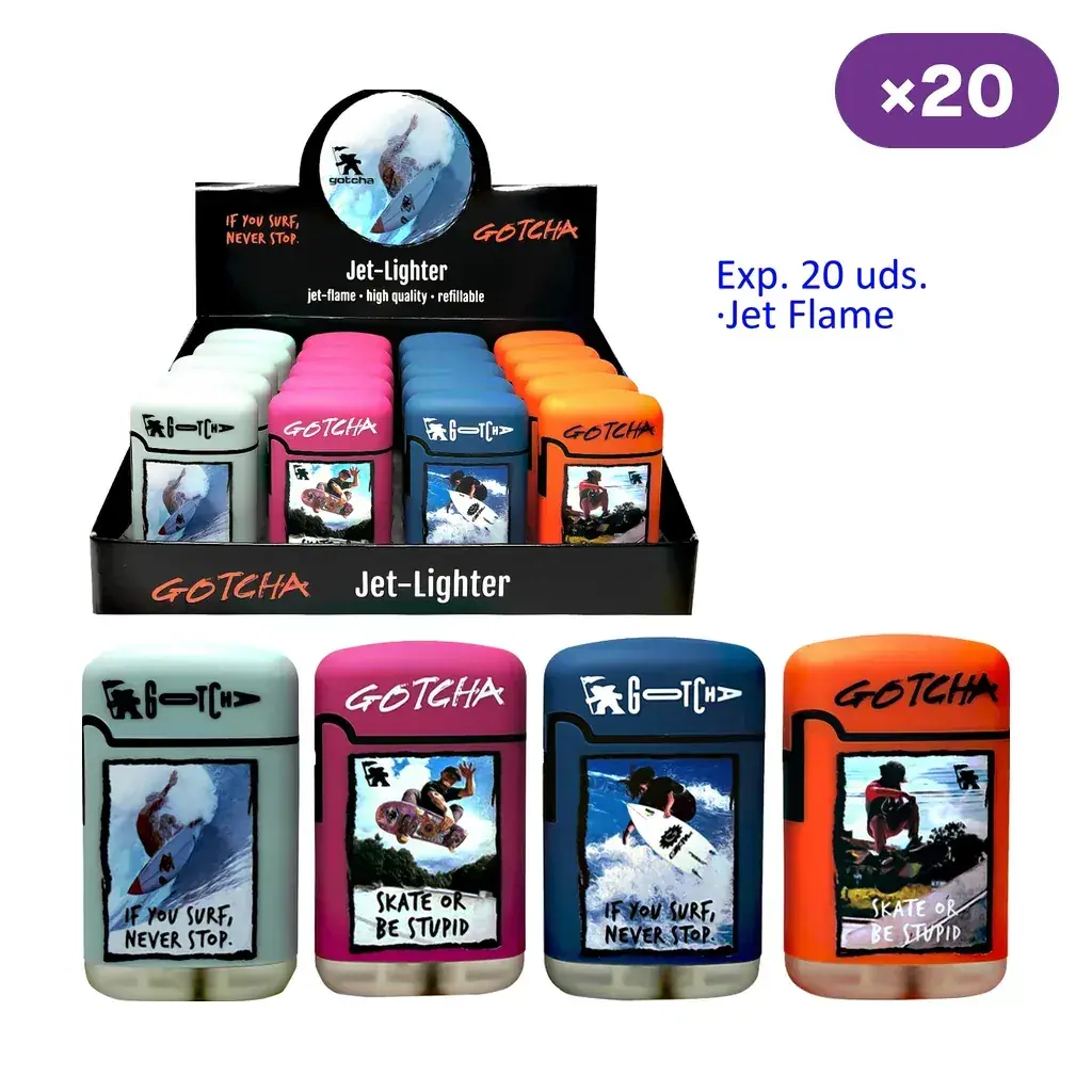 Expositor Gotcha rotulado para 20 encendedores jet y cuatro modelos en primer plano, con distintos colores y motivos de surf y skate.