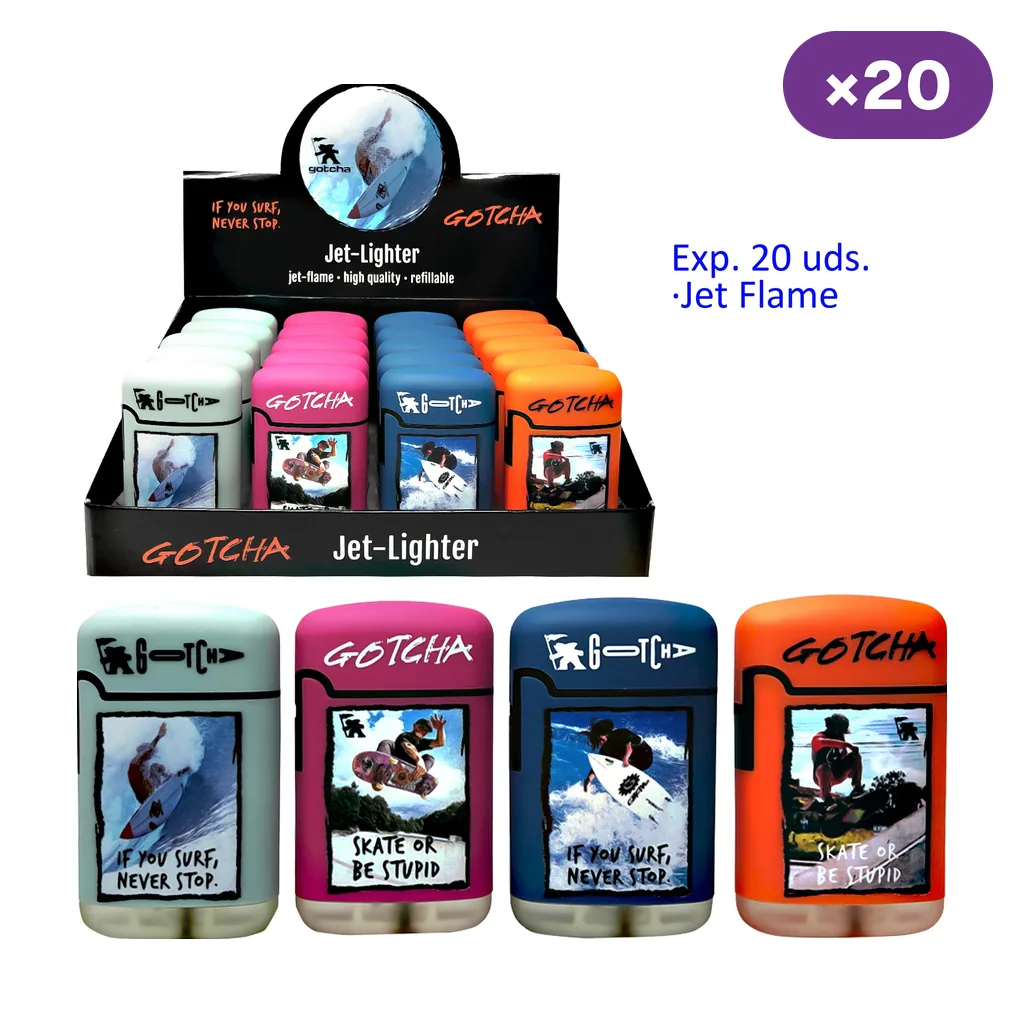 Expositor Gotcha rotulado para 20 encendedores jet y cuatro modelos en primer plano, con distintos colores y motivos de surf y skate.
