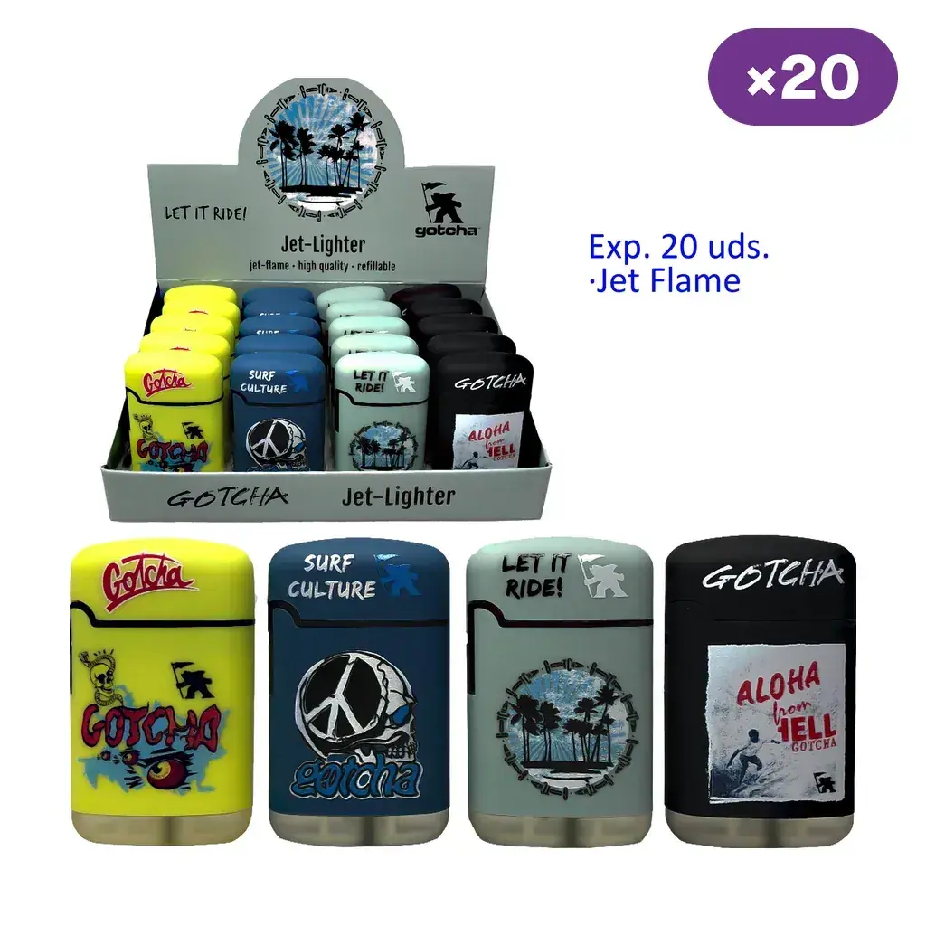 Selección de encendedores Gotcha amarillos, azules, verde claro y negros con distintos estampados, junto a un expositor rotulado «×20».