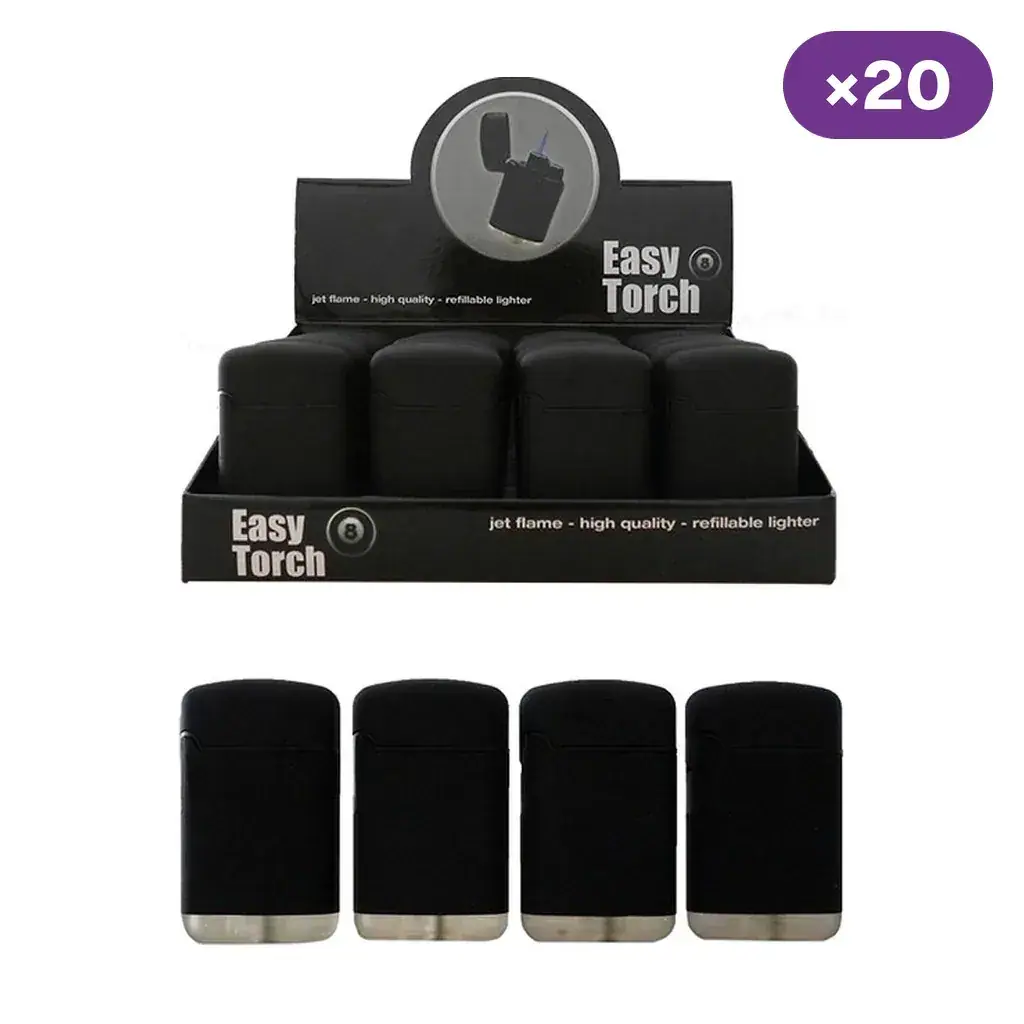 Expositor Easy Torch 8 con encendedores negros, cuatro unidades alineadas delante y distintivo de 20 unidades.