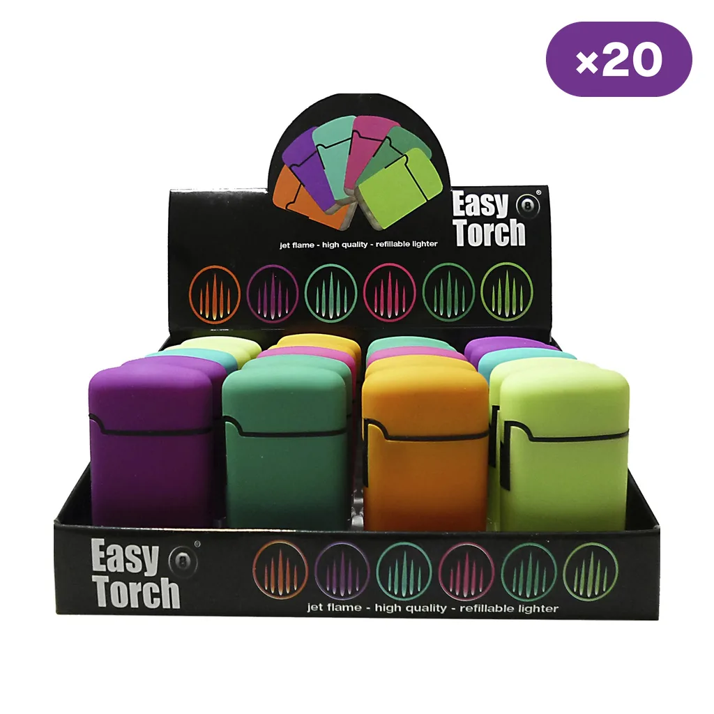 Expositor negro Easy Torch con varias unidades de encendedores de tapa en tonos morados, verdes, amarillos y rosas.