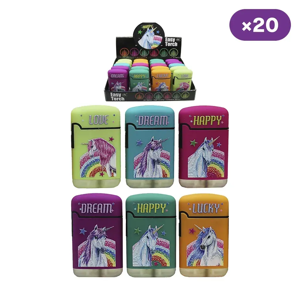 Selección de encendedores Easy Torch de distintos colores con unicornios y arcoíris, junto a un expositor y el rótulo de 20 unidades.