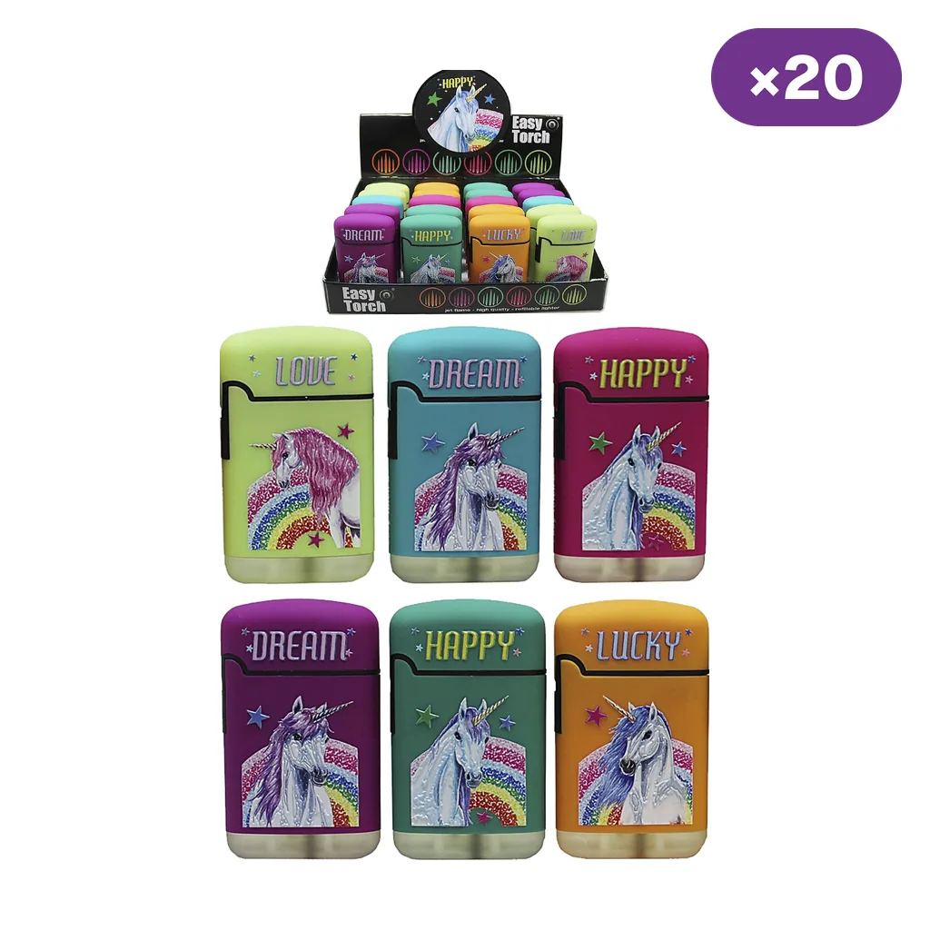 Selección de encendedores Easy Torch de distintos colores con unicornios y arcoíris, junto a un expositor y el rótulo de 20 unidades.