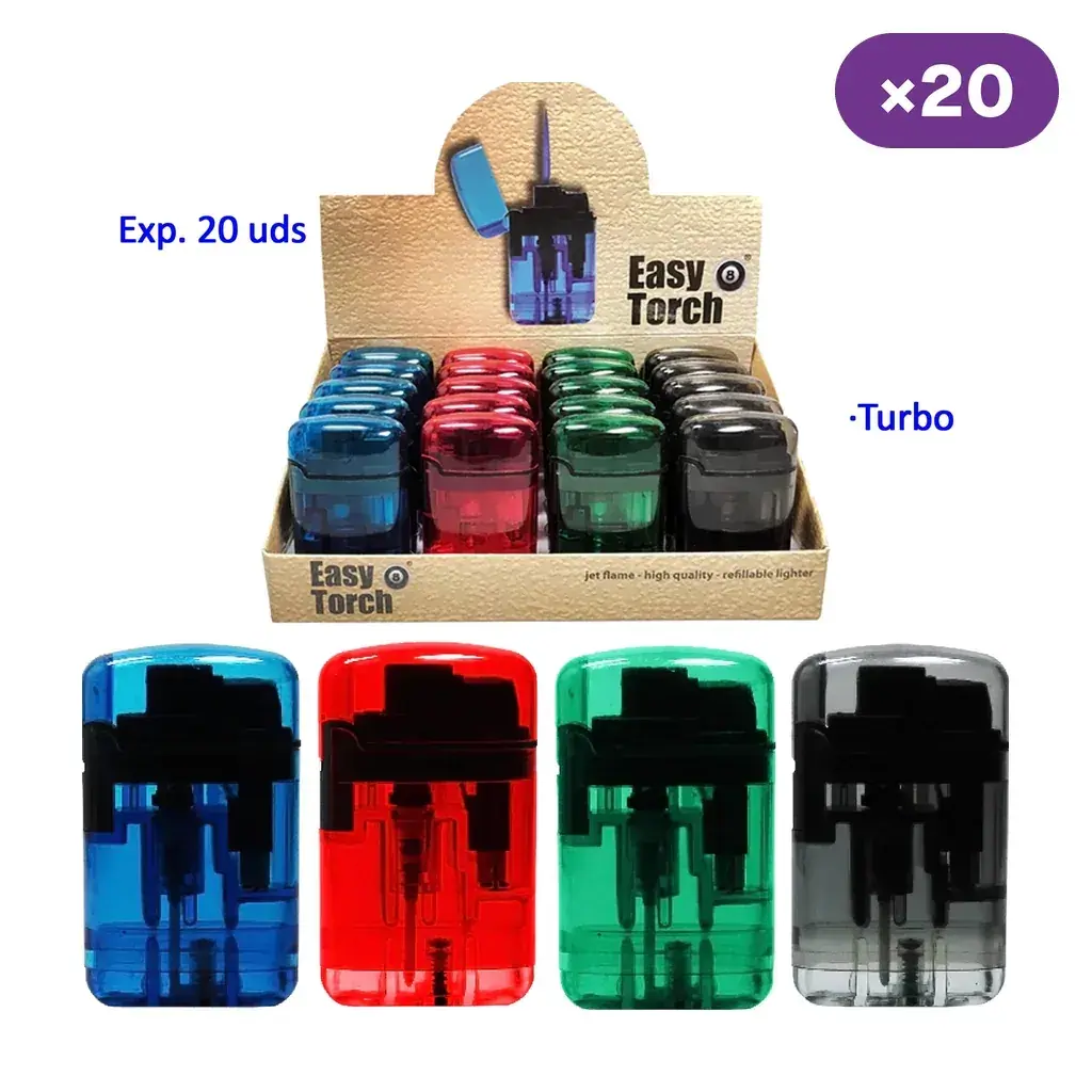Expositor Easy Torch 8 rotulado con 20 unidades y encendedores transparentes ampliados en azul, rojo, verde y gris.