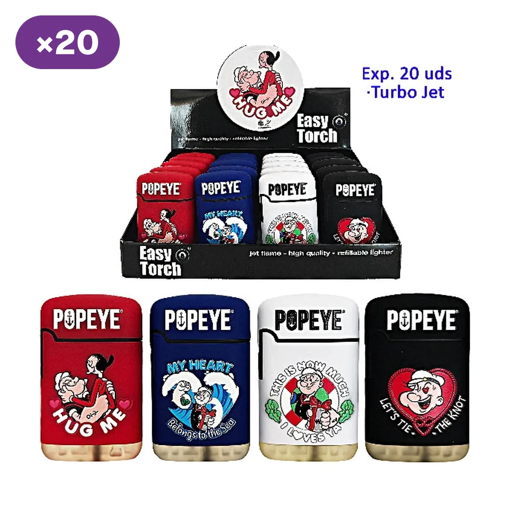 Expositor Easy Torch con encendedores Popeye y selección de diseños en rojo, azul, blanco y negro mostrados en primer plano. Expositor Easy Torch con encendedores Popeye y selección de diseños en rojo, azul, blanco y negro mostrados en primer plano.