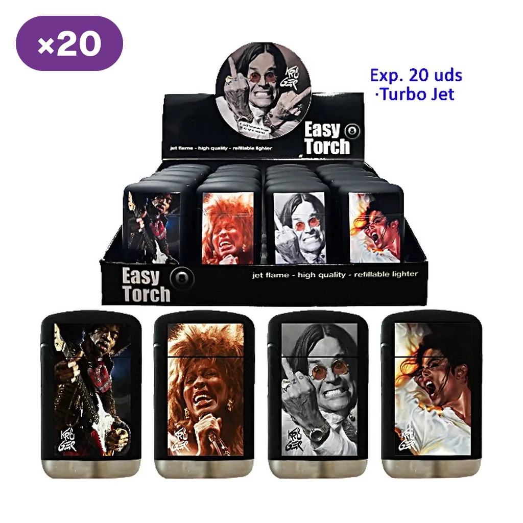 Expositor Easy Torch con varios encendedores negros y selección de diseños con músicos; el texto indica 20 unidades y Turbo Jet. Expositor Easy Torch con varios encendedores negros y selección de diseños con músicos; el texto indica 20 unidades y Turbo Jet.