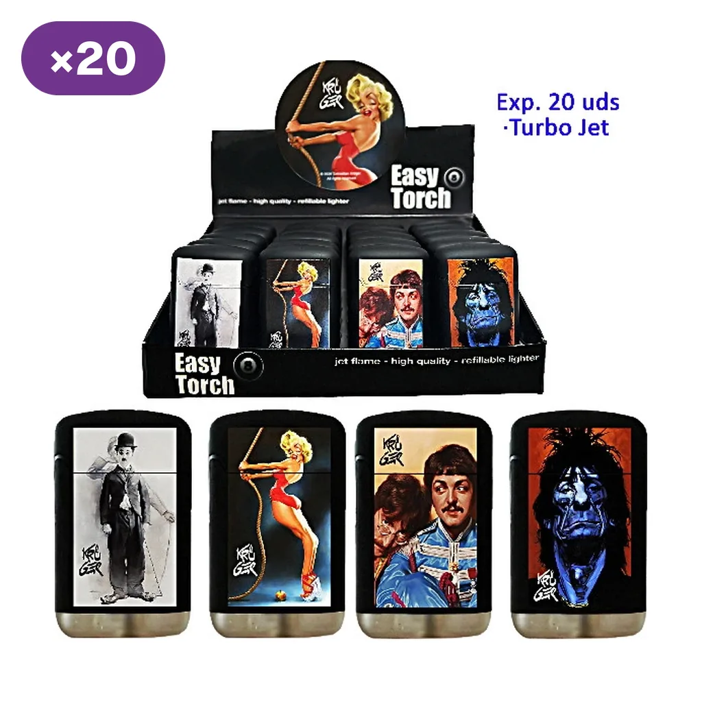 Expositor Easy Torch Serie 5 rotulado con 20 unidades y selección de encendedores negros con distintas ilustraciones de personajes. Expositor Easy Torch Serie 5 rotulado con 20 unidades y selección de encendedores negros con distintas ilustraciones de personajes.
