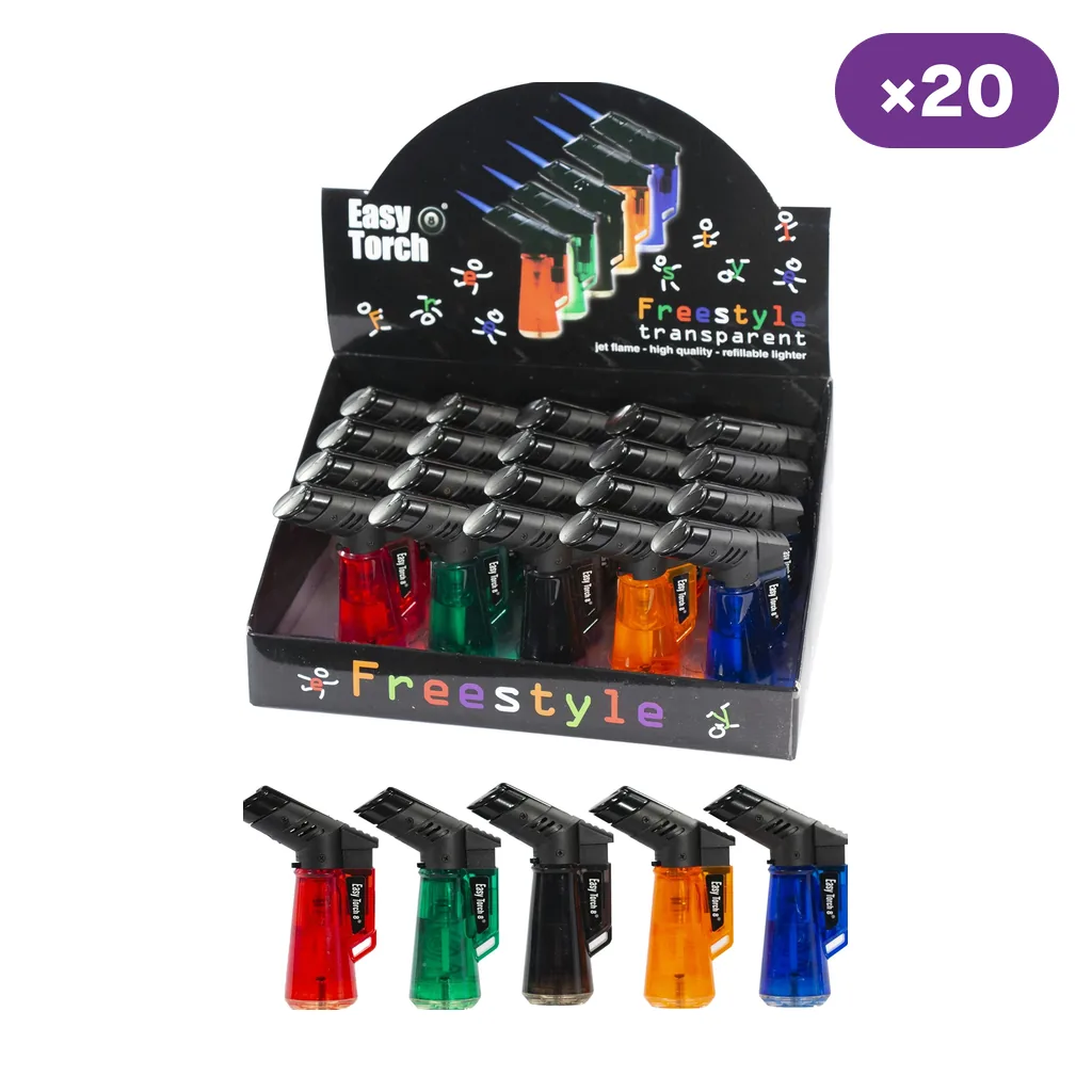 Expositor Easy Torch Freestyle con encendedores transparentes de varios colores, cabezales negros e indicador de 20 unidades.