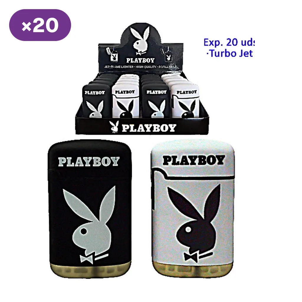 Encendedores turbo jet Playboy en versiones blanca y negra con logotipo de conejo, mostrados en primer plano y en un expositor rotulado con 20 unidades.