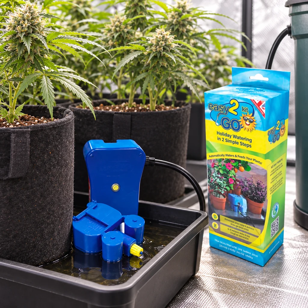 Easy2GO Kit AutoPot azul en una bandeja con agua junto a macetas de tela con plantas de cannabis y su caja de presentación.