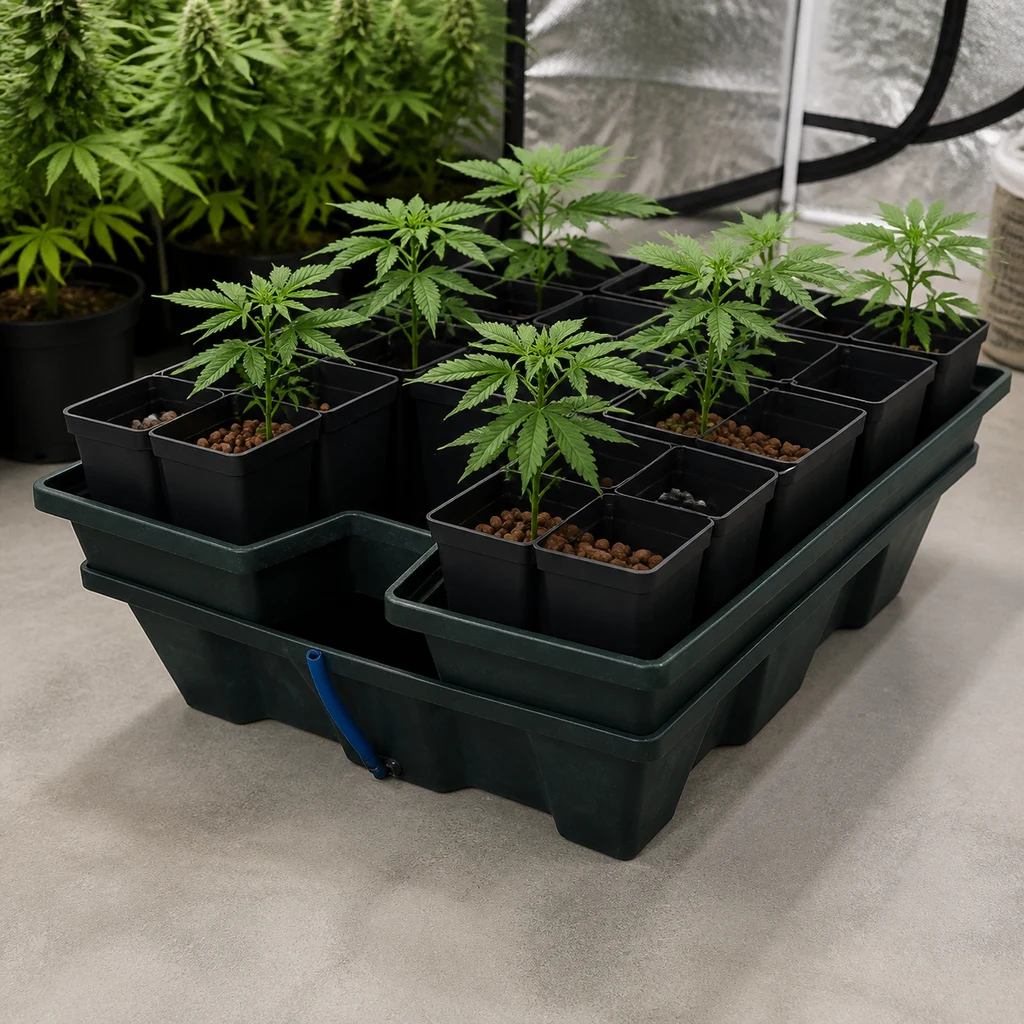 Escena generada de un sistema hidropónico con plantas en macetas cuadradas, bolas de arcilla y bandejas sobre un depósito verde.