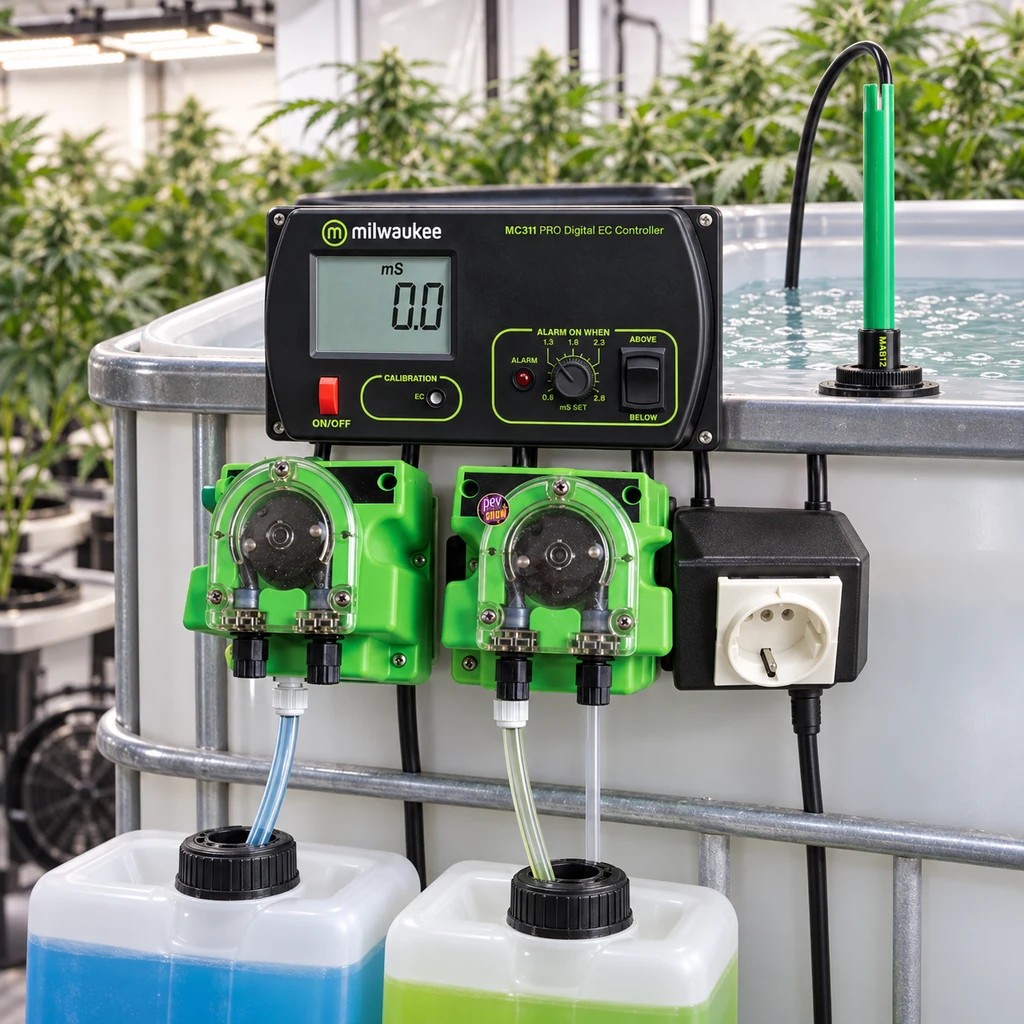 Escena generada de un controlador EC Milwaukee con pantalla digital, bombas verdes y sonda en un depósito junto a plantas.