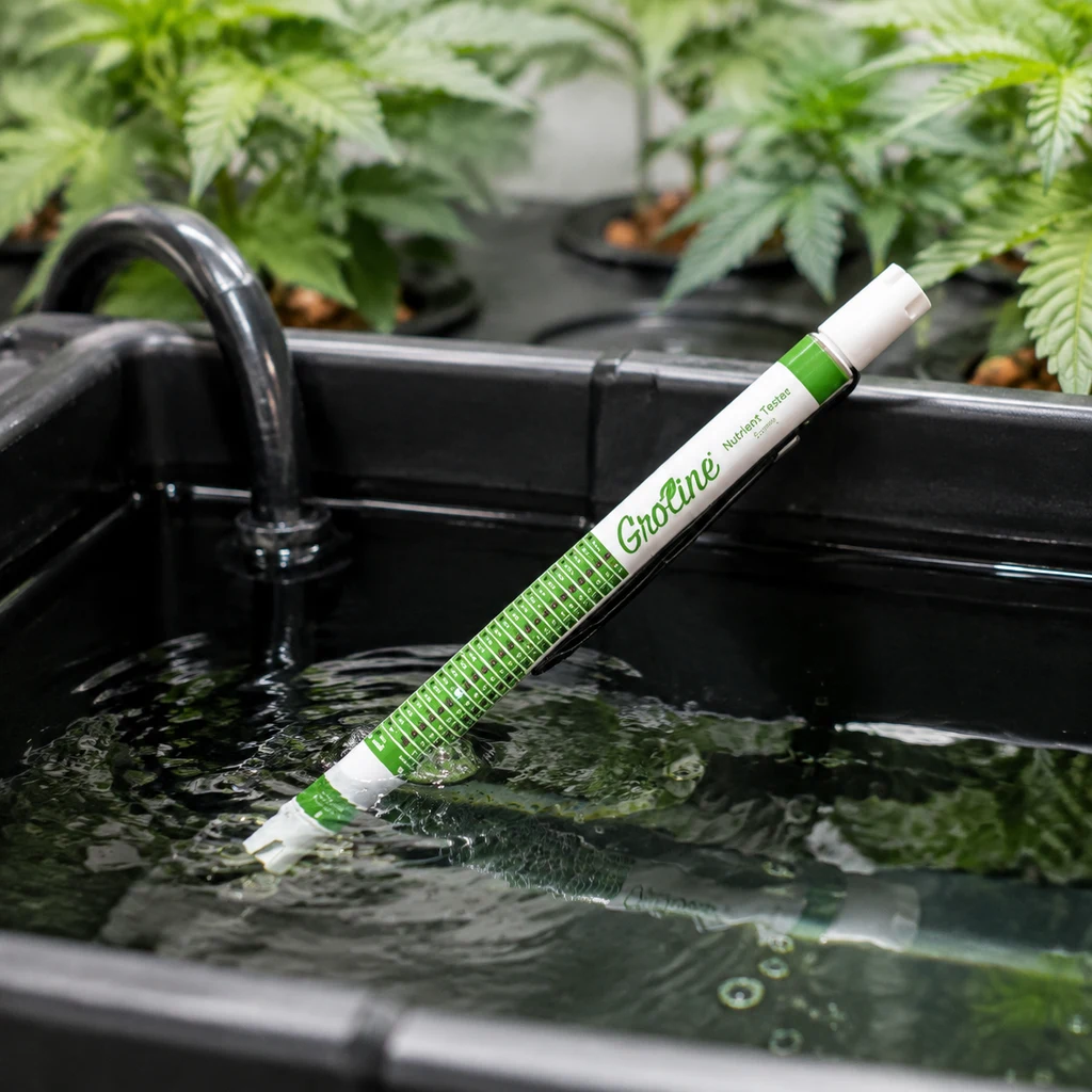Medidor GroLine verde y blanco inclinado, con el extremo sumergido en un depósito negro y plantas al fondo.