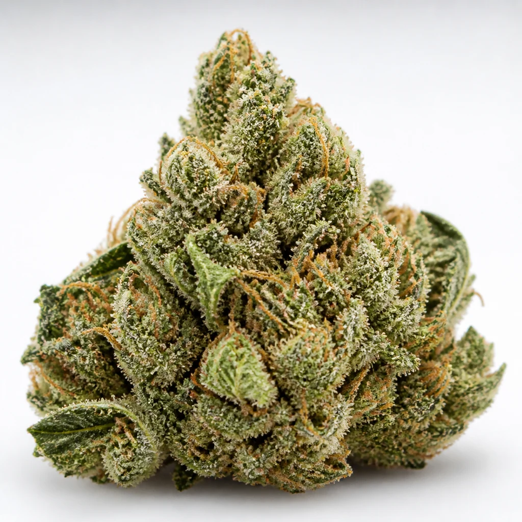 Ilustración de un cogollo verde con pistilos anaranjados y abundantes tricomas para la ficha de Ed Rosenthal Super Bud® Regular.
