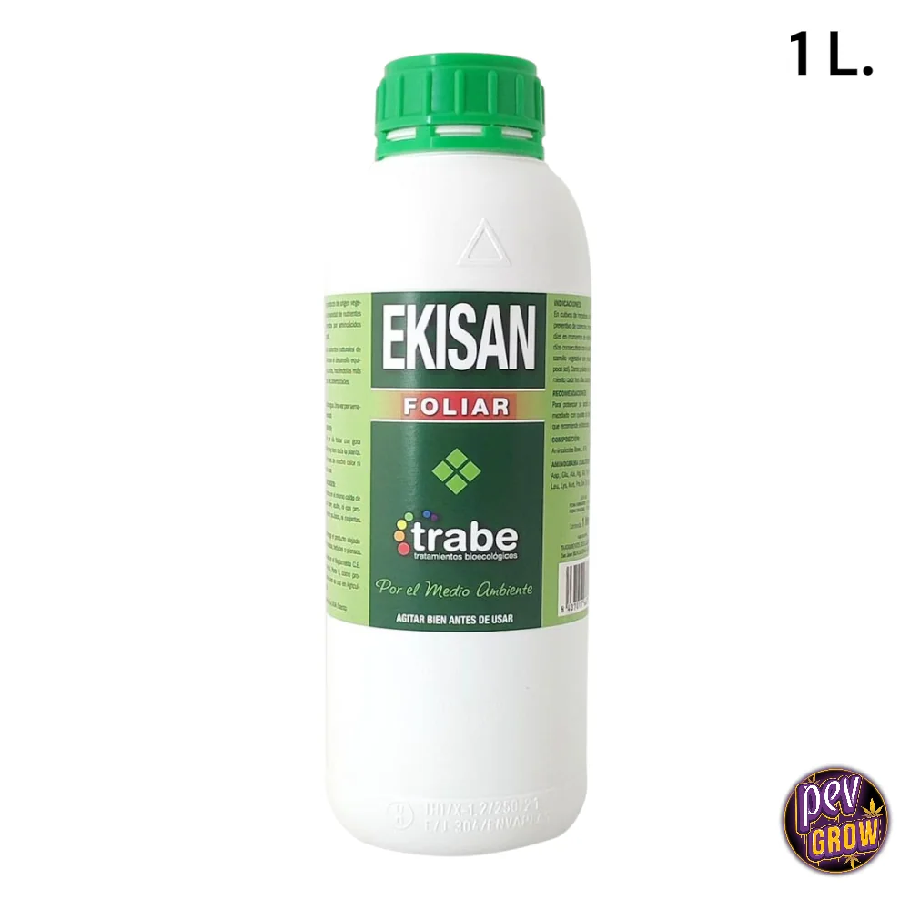 Botella blanca de Ekisan Foliar de Trabe con tapón verde y etiqueta verde, presentada sobre fondo blanco.