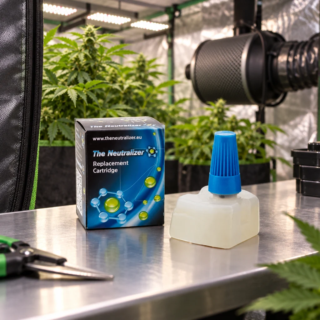 Cartucho de repuesto The Neutralizer con tapón azul junto a su caja, sobre una mesa con plantas y equipo de ventilación al fondo. Cartucho de repuesto The Neutralizer con tapón azul junto a su caja, sobre una mesa con plantas y equipo de ventilación al fondo.