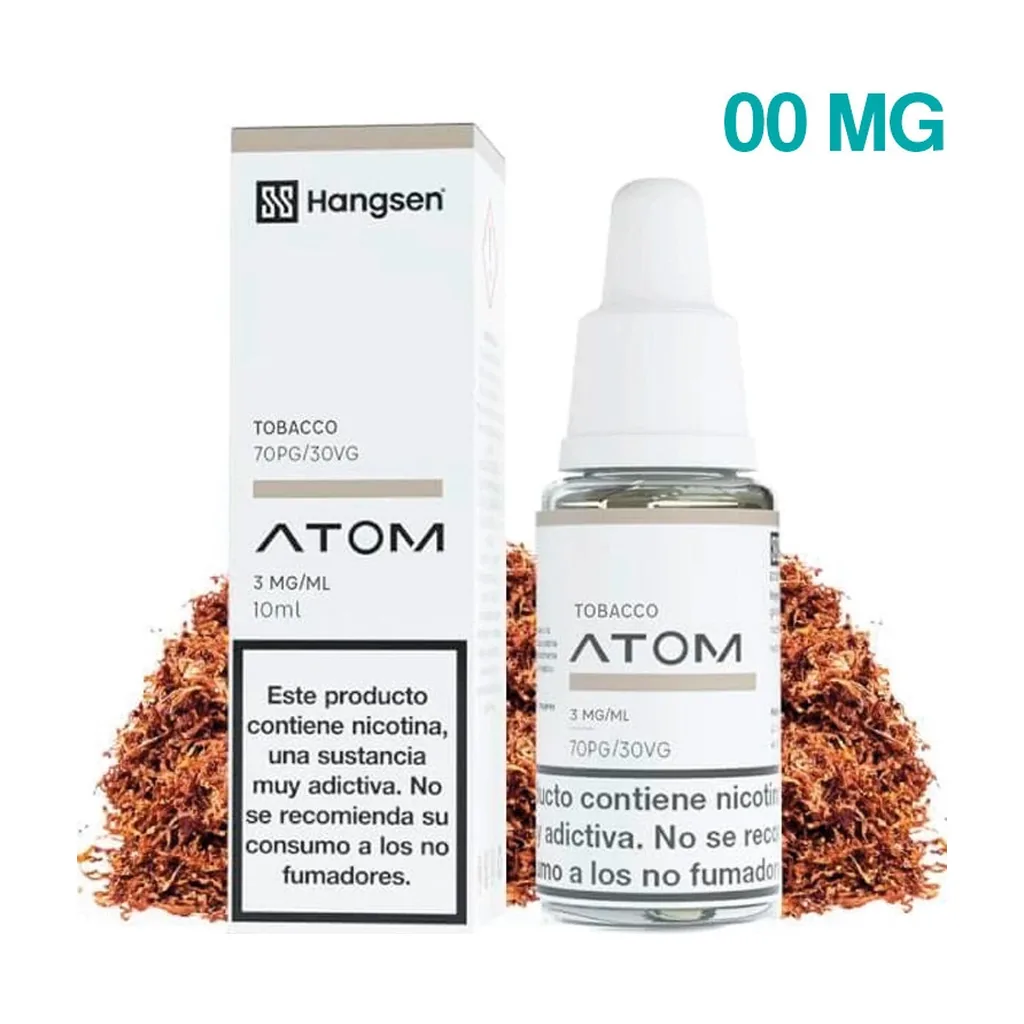 Frasco y caja de e-líquido Hangsen Atom Tobacco de 10 ml junto a tabaco, con rótulo «00 MG» y etiquetas de «3 MG/ML».