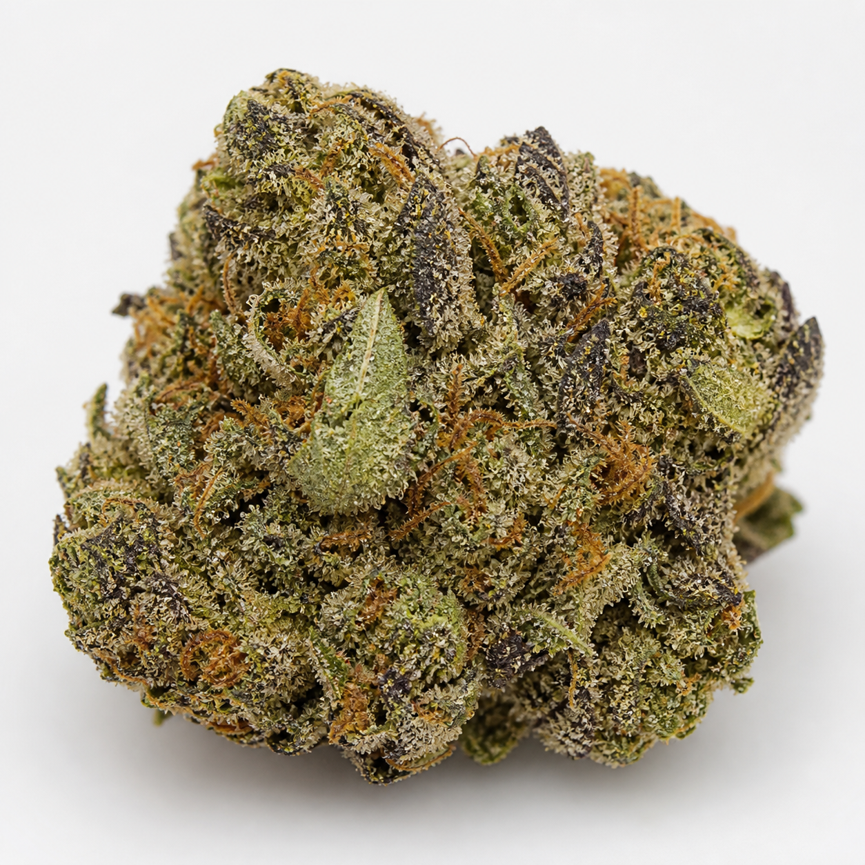 Primer plano de un cogollo Emerald Fire OG Auto, con zonas verdes y moradas, filamentos anaranjados y abundantes tricomas.