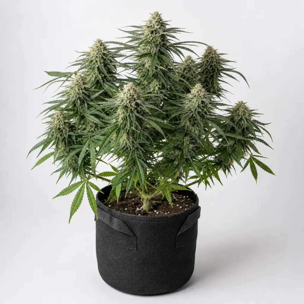 Planta de Emerald Fire OG Auto con cogollos alargados y hojas estrechas en una maceta negra con asas, sobre fondo claro.