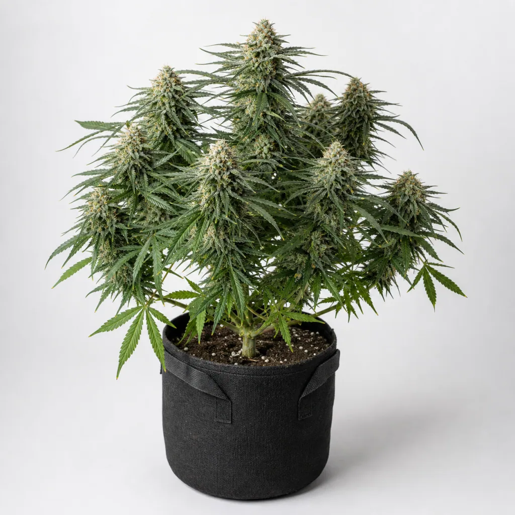 Planta de Emerald Fire OG Auto con cogollos alargados y hojas estrechas en una maceta negra con asas, sobre fondo claro.
