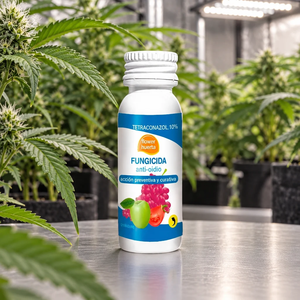 Frasco blanco sobre una mesa entre plantas, con etiqueta azul que indica «Tetraconazol 10%», «flower huerta» y «Fungicida anti-oidio».