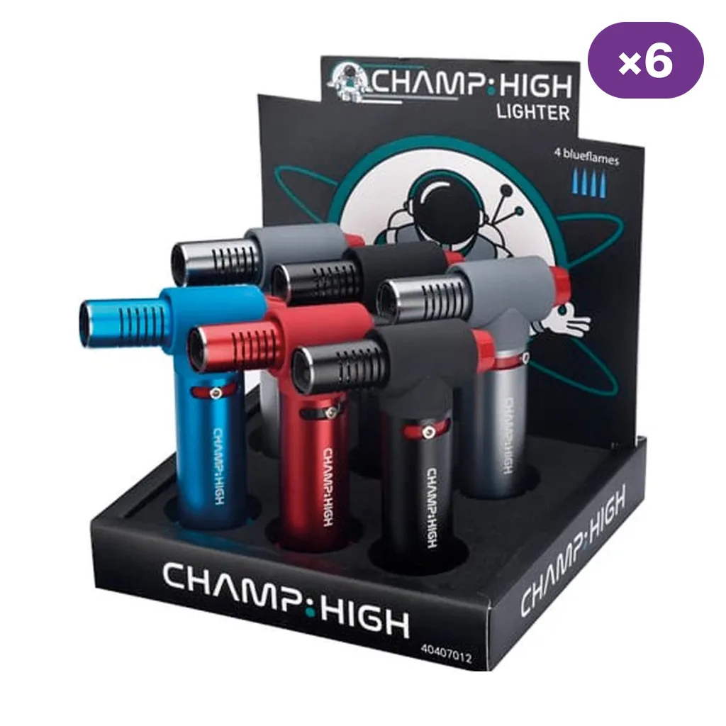 Expositor Champ High con encendedores de sobremesa azules, rojos, negros y grises, con cabezales horizontales y mandos rojos.