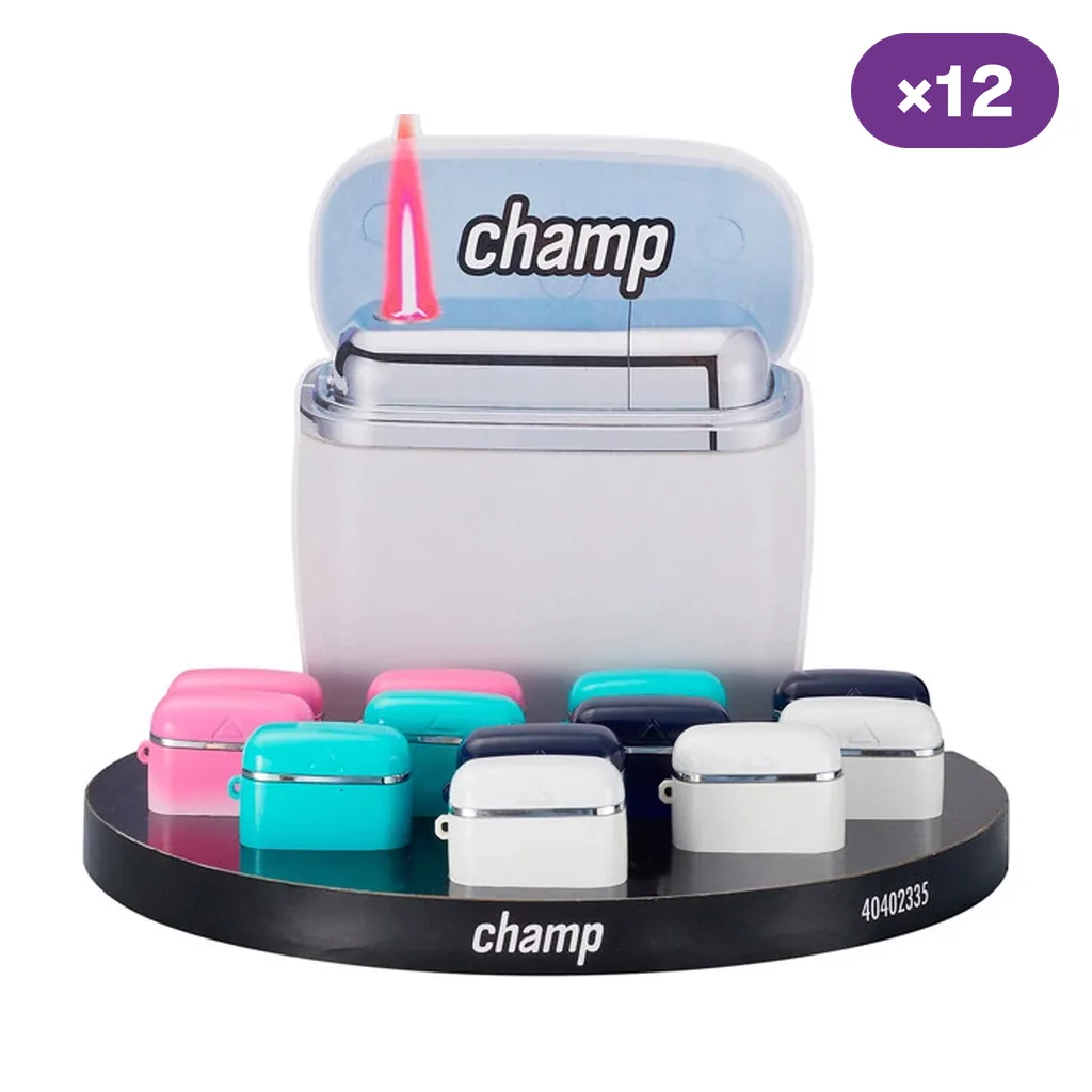 Expositor de encendedores Champ High Pod en rosa, turquesa, blanco y oscuro, con ilustración ampliada de un modelo abierto al fondo.