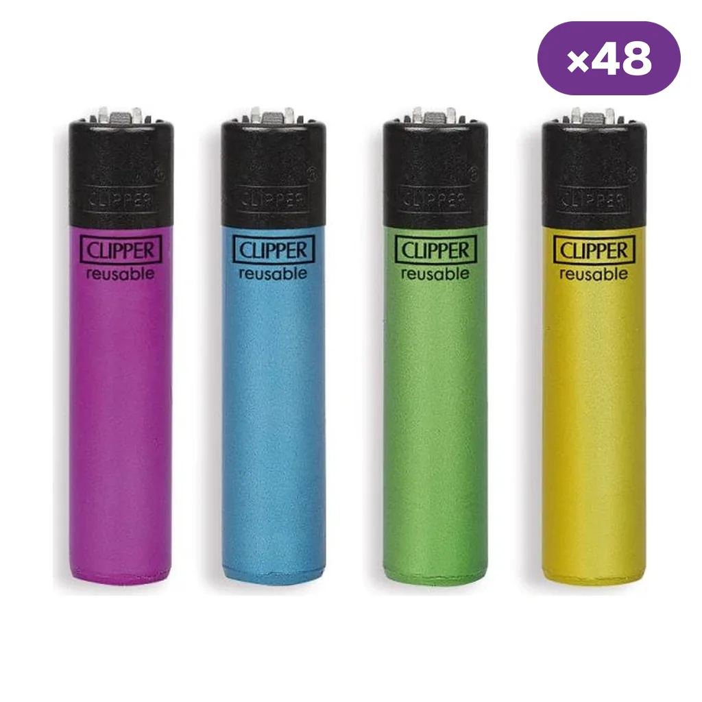 Encendedores Clipper Crystal Fluo 2 en distintos colores: violeta, azul, verde y amarillo, con cabezal negro y distintivo de 48 unidades.