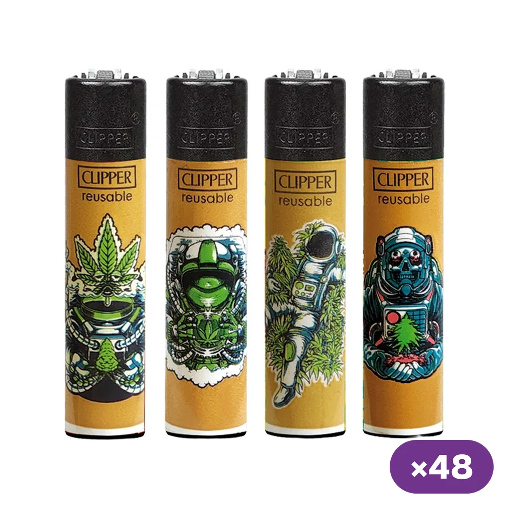Selección de encendedores Clipper amarillos con distintos dibujos de temática espacial y cannabis, junto al distintivo «×48».