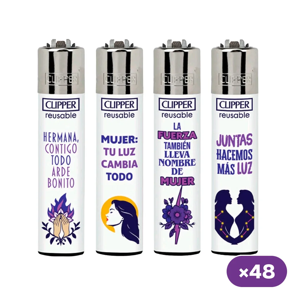 Selección de encendedores Clipper blancos del Día de la Mujer, con mensajes e ilustraciones en tonos morados y símbolo de 48 unidades.