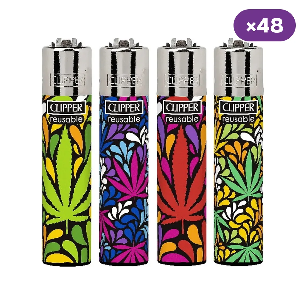 Encendedores Clipper Leaf Style con distintos diseños de hojas de cannabis y motivos multicolores sobre negro; distintivo de 48 unidades.