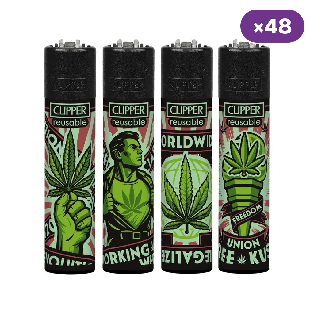 Encendedores Clipper Weed Evolution con distintos diseños verdes de hojas, puños y una figura humana; distintivo de 48 unidades.
