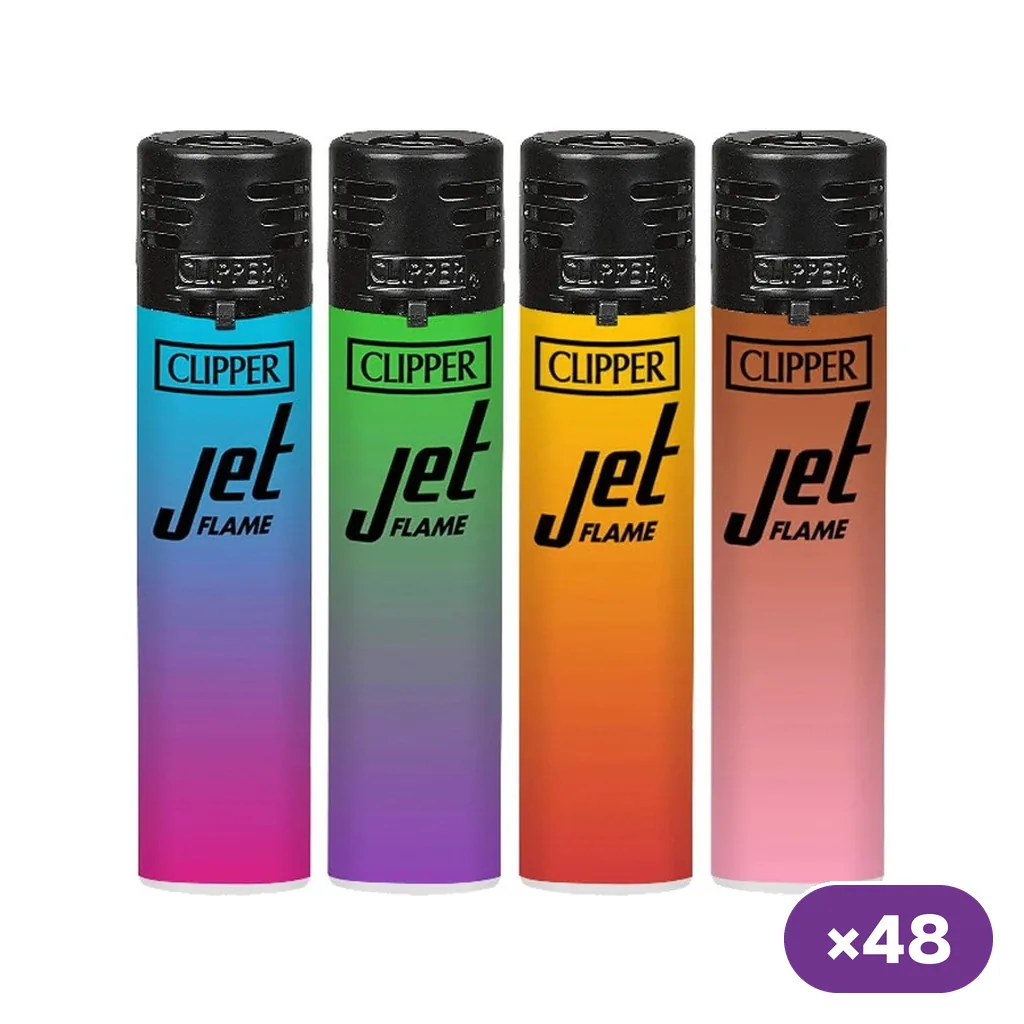 Selección de encendedores Clipper Jet Flame con cuerpos de distintos degradados de color y cabezales negros; distintivo de 48 unidades.