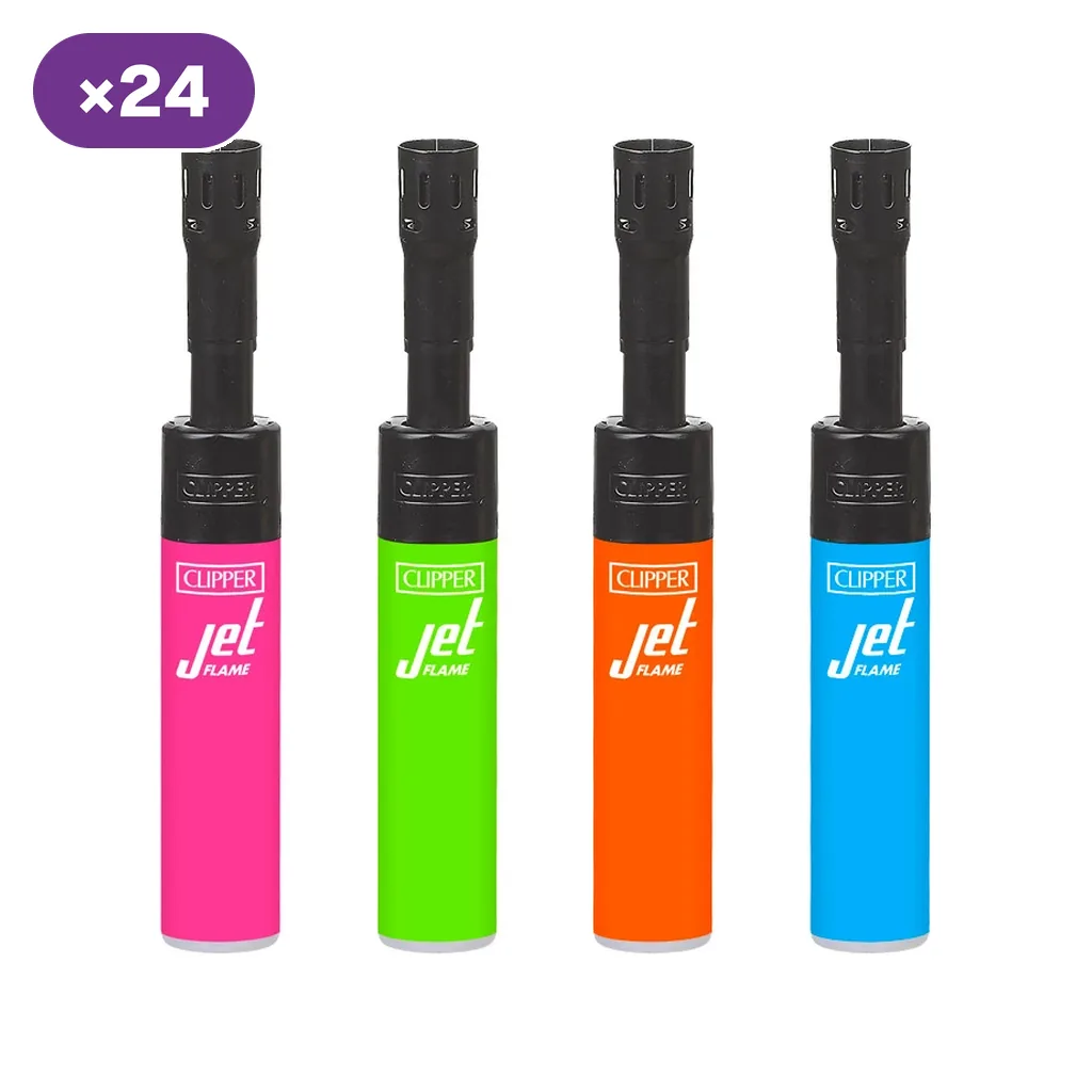 Encendedores Clipper Jet Flame de cuerpo alargado en rosa, verde, naranja y azul, con cabezal negro y distintivo de 24 unidades.