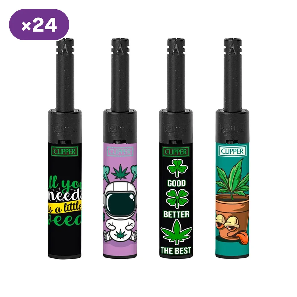 Selección de encendedores Clipper Mini Tube con diseños de hojas, tréboles, astronauta y maceta; distintivo de caja de 24 unidades.