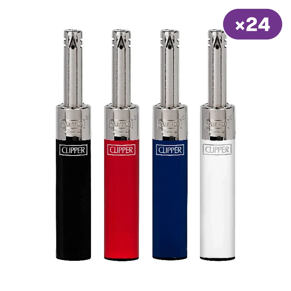 Encendedores Clipper Mini Tube Solid en negro, rojo, azul y blanco, con tubos metálicos alargados y distintivo de 24 unidades.