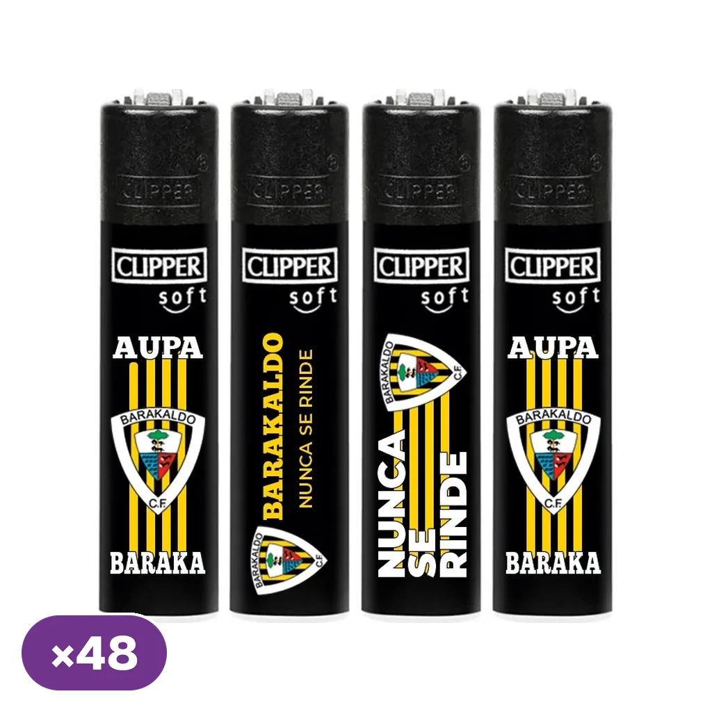 Encendedores Clipper negros con distintos diseños del Barakaldo C. F., escudos, franjas amarillas y lemas de apoyo; distintivo de 48 unidades.