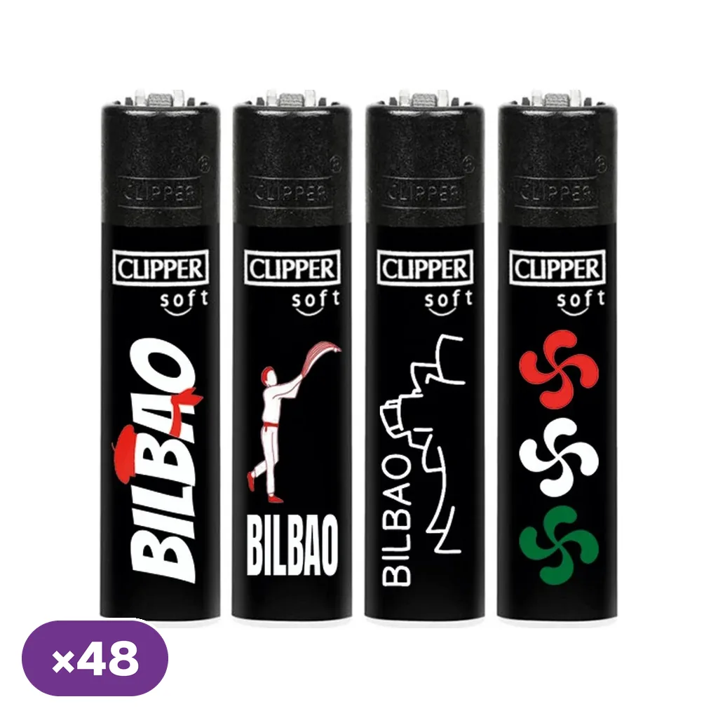 Selección de encendedores Clipper negros con distintos diseños de Bilbao: letras, un pelotari, una silueta urbana y lauburus de colores.
