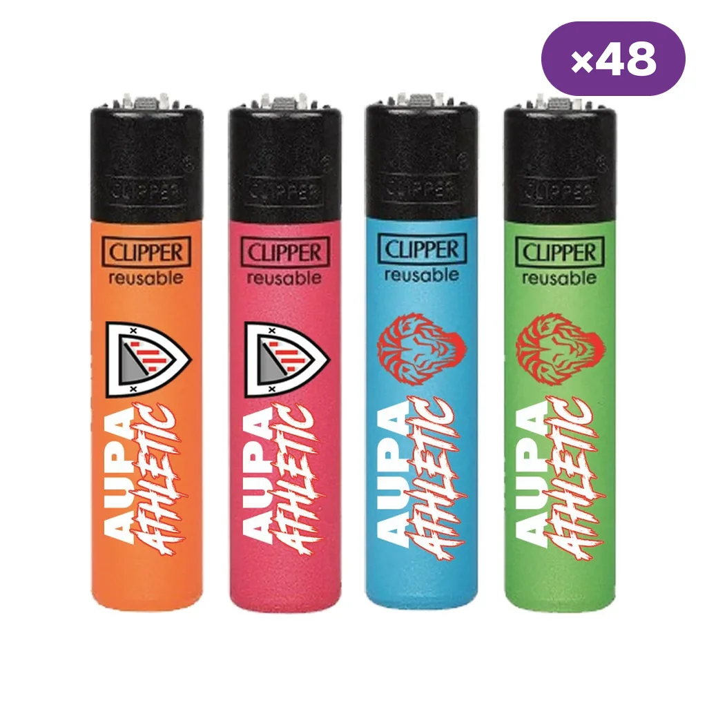Encendedores Clipper en naranja, rosa, azul y verde con distintos motivos de Aupa Athletic, cabezales negros y distintivo de 48 unidades.