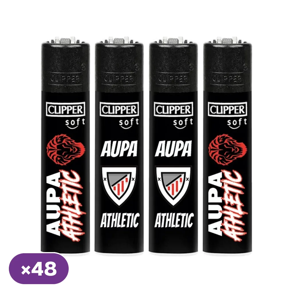 Encendedores Clipper negros con distintos diseños de león, escudo y texto «Aupa Athletic», junto al distintivo de 48 unidades.