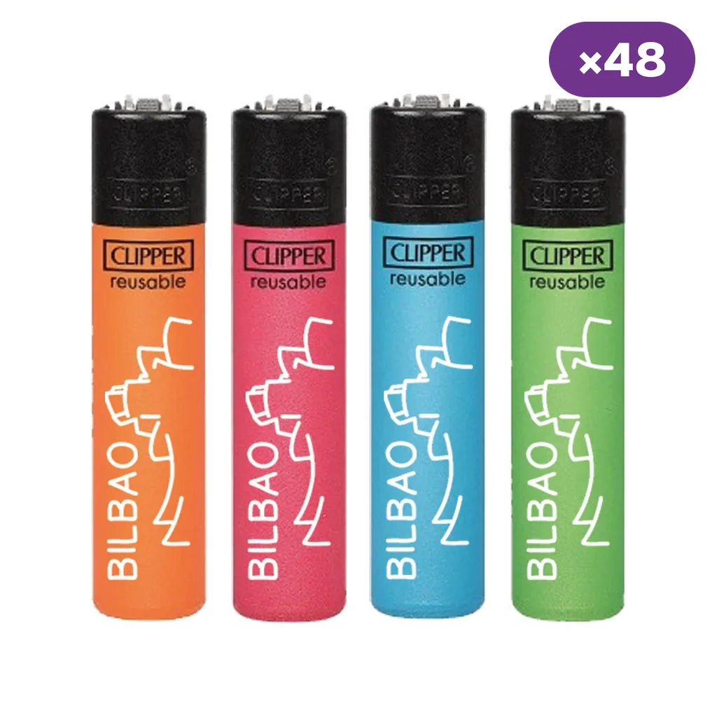Encendedores Clipper Bilbao en distintos colores, con silueta blanca del Guggenheim, texto Bilbao y distintivo de 48 unidades.