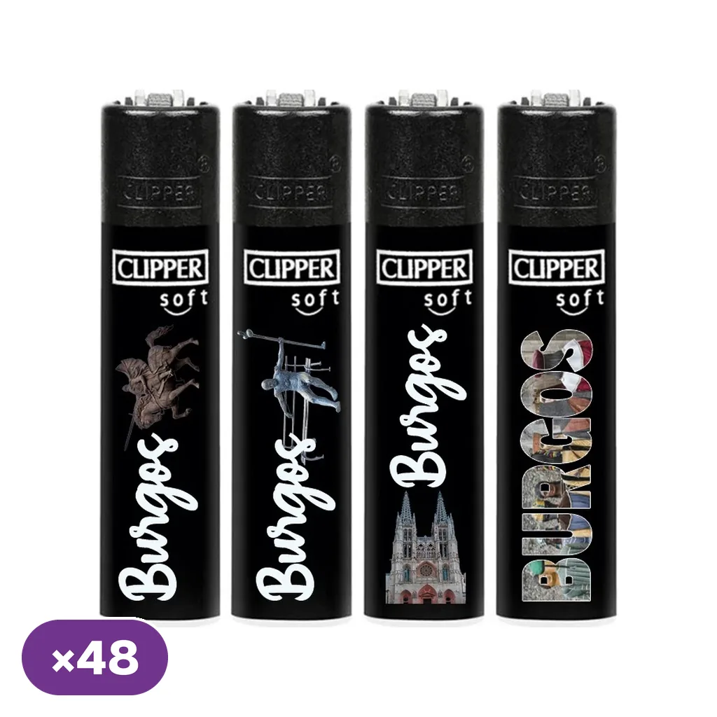 Selección de encendedores Clipper negros con distintos diseños de Burgos: monumentos, figuras y letras decorativas; distintivo «×48».