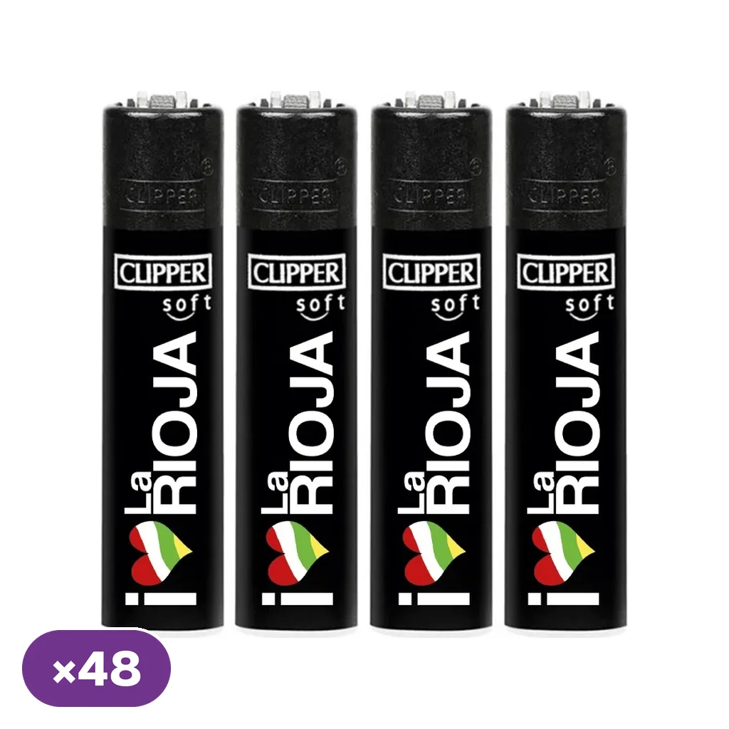Encendedores Clipper negros alineados con el texto blanco «I Love La Rioja» y un corazón con franjas de colores.