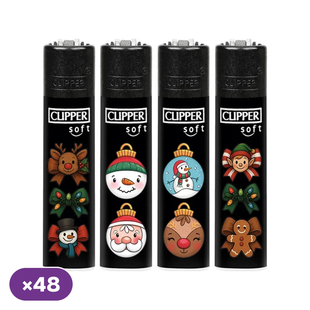 Encendedores Clipper negros con distintos motivos navideños de lazos, renos, muñecos de nieve, Papá Noel y un elfo; distintivo ×48.